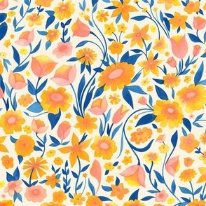 Medium Scale // Painted Yellow Orange and Pink Floral Pattern on Pale Yellow Cream Background