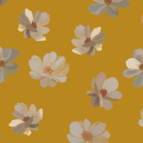 Painterly style creamy flowers on deep yellow