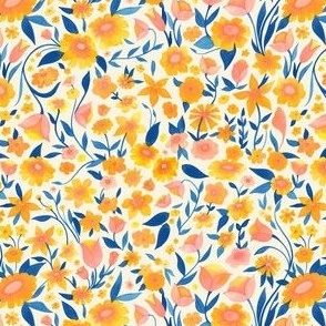 Smaller Scale // Painted Yellow Orange and Pink Floral Pattern on Pale Yellow Cream Background