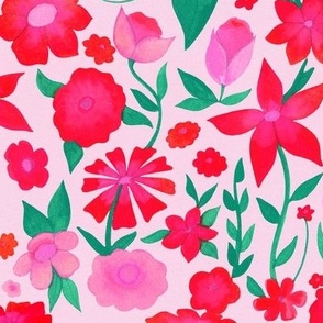 Large Scale // Painted Red Magenta and Pink Floral Pattern on Pale Pink Background