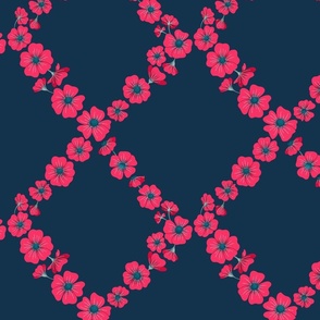 Flower Trellis with bright pink and teal blossoms on dark blue - medium