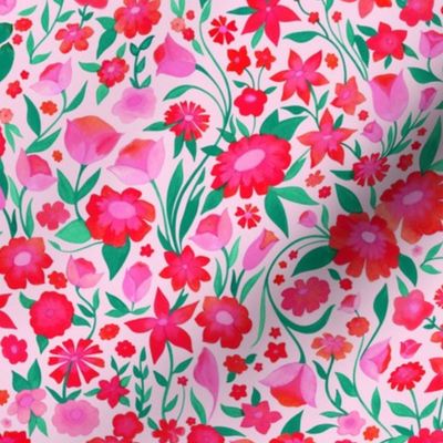 Medium Scale // Painted Red Magenta and Pink Floral Pattern on Pale Pink Background