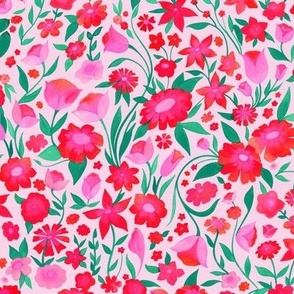 Medium Scale // Painted Red Magenta and Pink Floral Pattern on Pale Pink Background