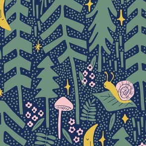 Moonlit Forest - Friendly Snail and Moon - Magical Forest - Forest Biome - Forest Green x Blue - Large