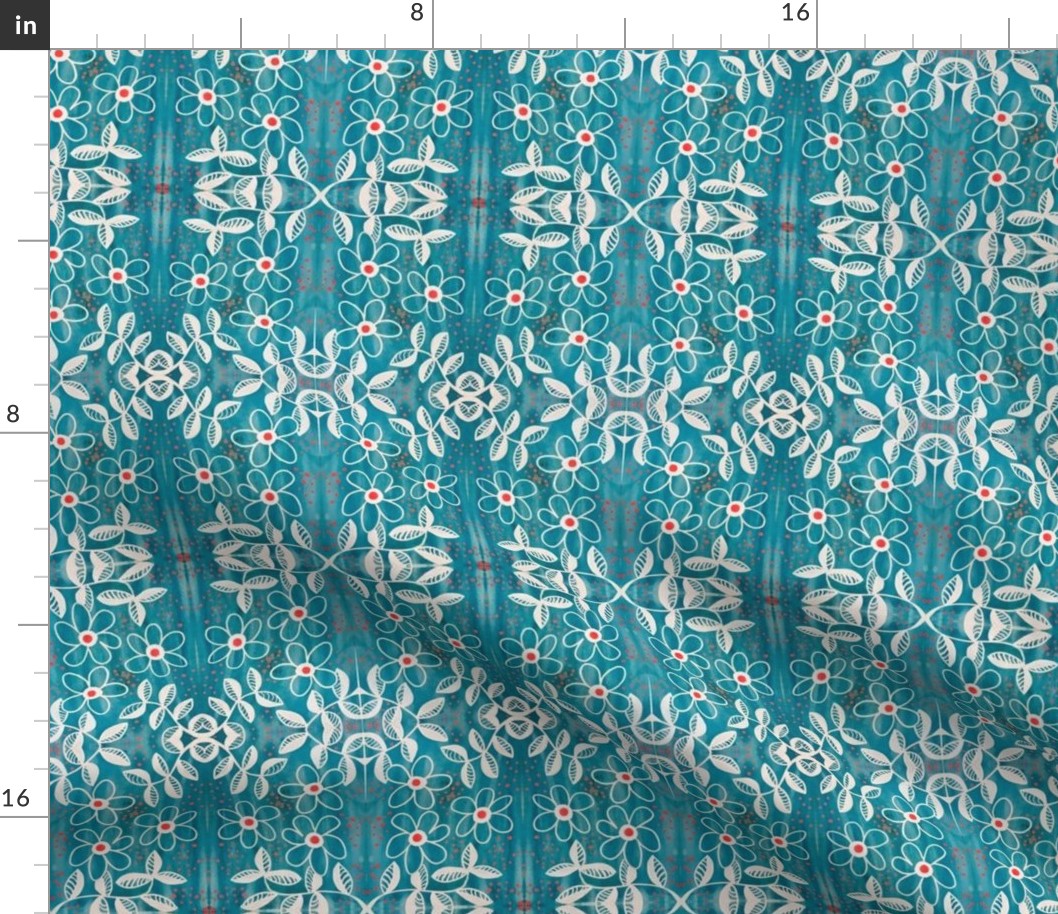 White Flowers on Teal Doodle. MIRROR pattern direction.  Hope Heyer Designs Happy Vibe.  Original is a hand painted artwork.
