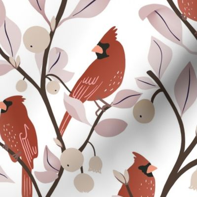 Festive cardinals in berry branches