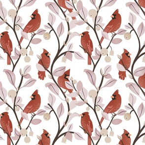 Festive cardinals in berry branches