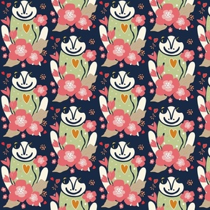 Whimsical, Cute And Happy Frogs, Flowers And Hearts On Dark Blue.