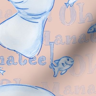 Oh Manatee! Whimsical Manatee and Fish | Hand-Drawn Colored Pencil Design in Pale Pink  | Large Scale