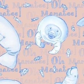 Oh Manatee! Whimsical Manatee and Fish | Hand-Drawn Colored Pencil Design in Pale Pink  | Large Scale