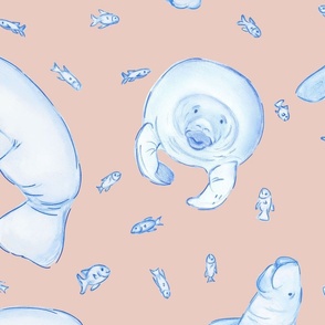 Whimsical Manatee and Fish | Hand-Drawn Colored Pencil Design in Pale Pink | Large Scale