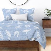 Oh Manatee! Whimsical Manatee and Fish | Hand-Drawn Colored Pencil Design in Periwinkle Gray | Large Scale