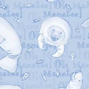 Oh Manatee! Whimsical Manatee and Fish | Hand-Drawn Colored Pencil Design in Periwinkle Gray | Large Scale