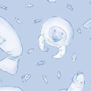 Whimsical Manatee and Fish | Hand-Drawn Colored Pencil Design in Periwinkle Gray