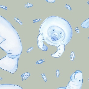 Whimsical Manatee and Fish | Hand-Drawn Colored Pencil Design in Misty Sage Green | Large Scale