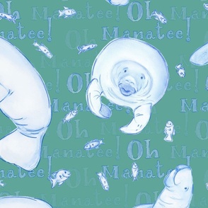 Oh Manatee! Whimsical Manatee and Fish | Monochrome Hand-Drawn Colored Pencil Design in Aqua Rapids Turquoise | Large Scale