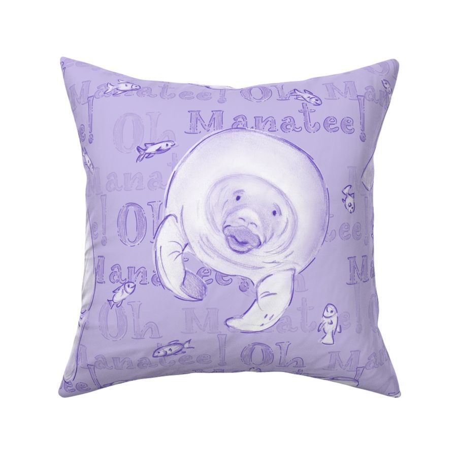 Oh Manatee! Whimsical Manatee and Fish | Monochrome Hand-Drawn Colored Pencil Design in Prelude Lavender | Large Scale