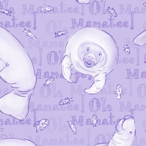 Oh Manatee! Whimsical Manatee and Fish | Monochrome Hand-Drawn Colored Pencil Design in Prelude Lavender | Large Scale