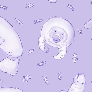 Whimsical Manatee and Fish | Monochrome Hand-Drawn Colored Pencil Design in Prelude Lavender | Large Scale
