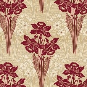 1911 Vintage French Art Nouveau Narcissus in Burgundy and Linen  - Coordinate