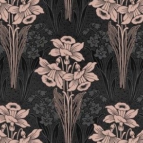 1911 Vintage Art Nouveau Narcissus in Regency Pink and Charcoal - Coordinate