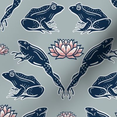 Water Lily Frogs_Art Deco_blue