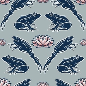 Water Lily Frogs_Art Deco_blue