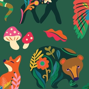 Forest animals in folk style_big scale on green