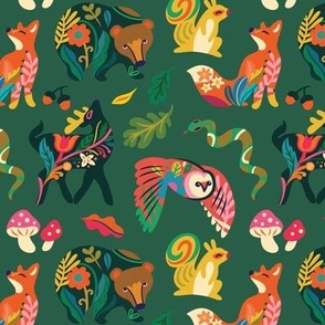 Forest animals in folk style on green