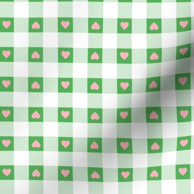 gingham with valentine hearts in pink and grass green | medium