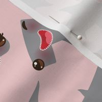 Cartoon gray Smooth hammerhead Winghead shark Kawaii with pink cheeks and winking eyes, pink background.