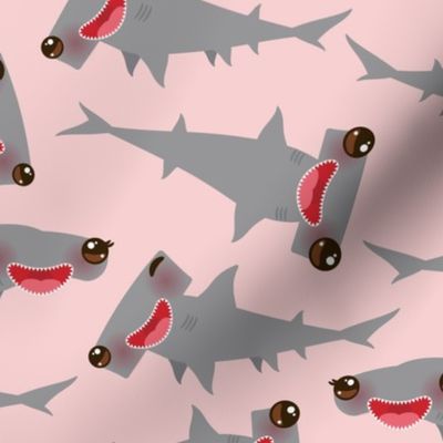 Cartoon gray Smooth hammerhead Winghead shark Kawaii with pink cheeks and winking eyes, pink background.