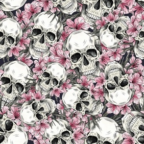 Skulls in pink oleander flowers