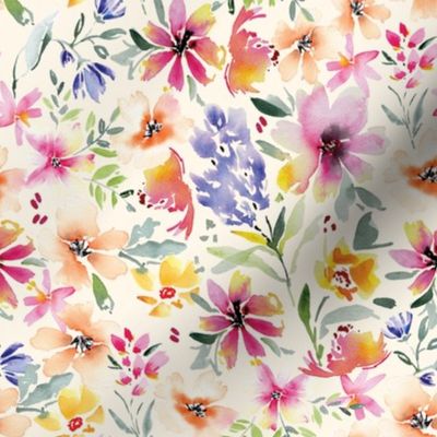 Handpainted watercolor florals in pink, magenta, purple, peach in small scale