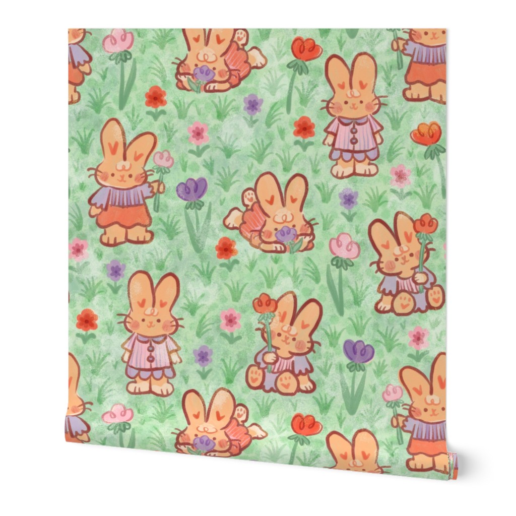 Sweet Spring Bunnies in a Flower Field | Cute Feminine Rabbits Floral