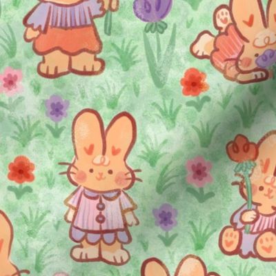 Sweet Spring Bunnies in a Flower Field | Cute Feminine Rabbits Floral