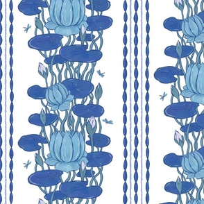 12" Blue and White Lotus Floral Stripe - Chinoiserie Flowers - Grandmillennial