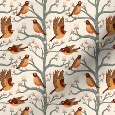 Small ✤  Robins in Magnolia Tree Forest Grandmillennial Chinoiserie 