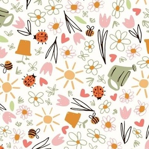 Springtime / medium scale / beige multicolor hero print design playful non-directional scattered pattern with blooms, hearts, bugs and bees