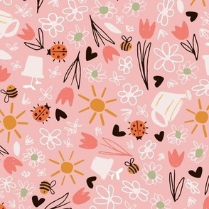 Springtime / medium scale / soft pink multicolor hero print design playful non-directional scattered pattern with blooms, hearts, bugs and bees