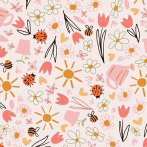 Springtime / medium scale / rose multicolor hero print design playful non-directional scattered pattern with blooms, hearts, bugs and bees