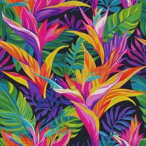 Vintage Texture Bird of Paradise Flower pattern - Tropical Palm and Flowers Pink Aqua Purple Orange Green Black