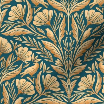 Art Deco Fanned Florals with Crows - gold and turquoise - medium