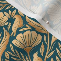 Art Deco Fanned Florals with Crows - gold and turquoise - medium