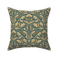 Art Deco Fanned Florals with Crows - gold and turquoise - medium