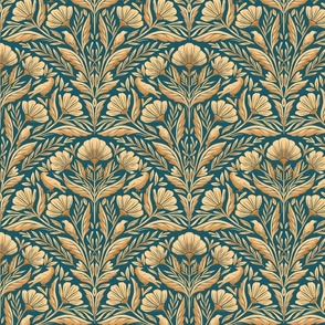 Art Deco Fanned Florals with Crows - gold and turquoise - medium