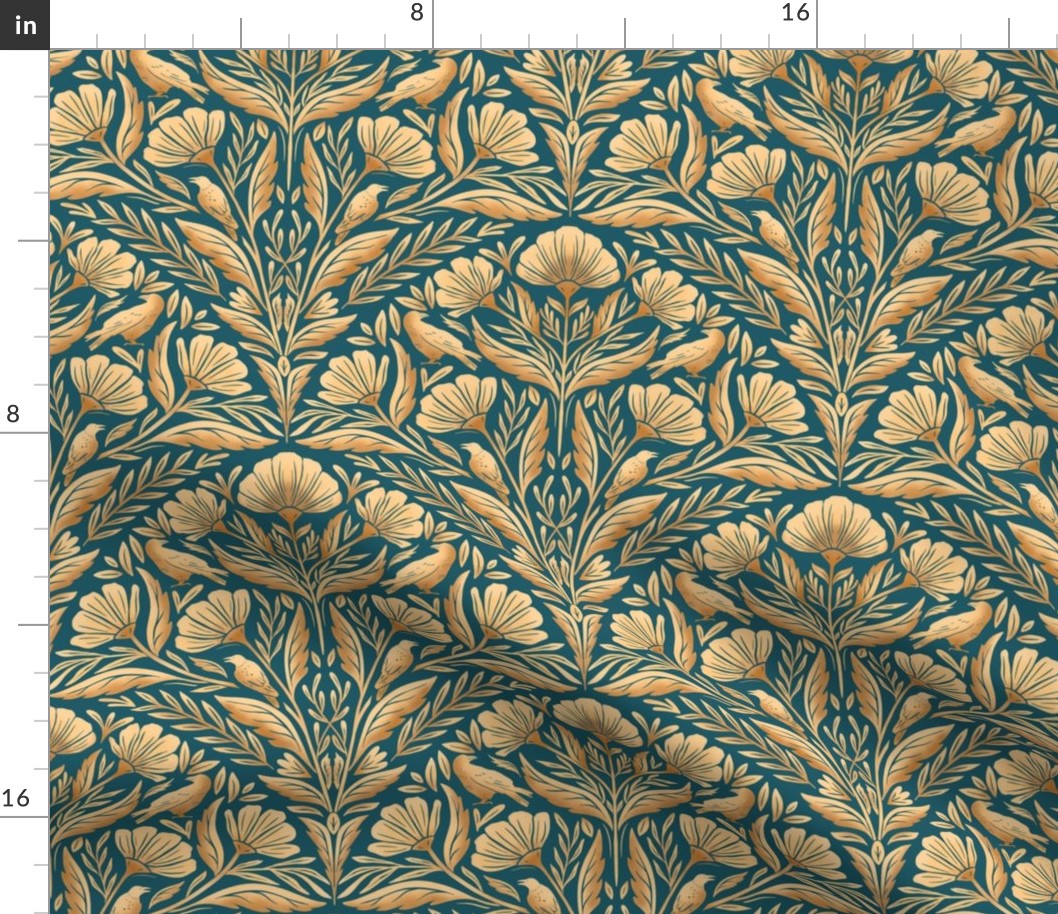 Art Deco Fanned Florals with Crows - gold and turquoise - medium