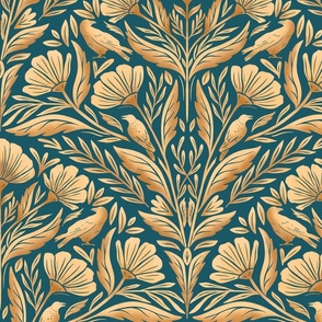 Art Deco Fanned Florals with Crows - gold and turquoise - large