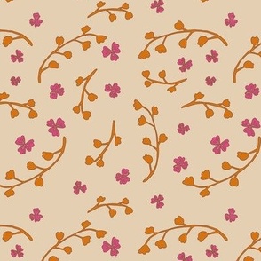 Cute flower with leaves in pink and copper on beige 