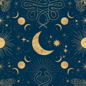 Gold Celestial Mysticism Fine Line Art Drawing Moon Sun Stars Nordic Noir Teal